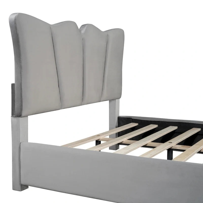 Beige/Grey Velvet Upholstered Platform Bed, Twin/Full, for 1