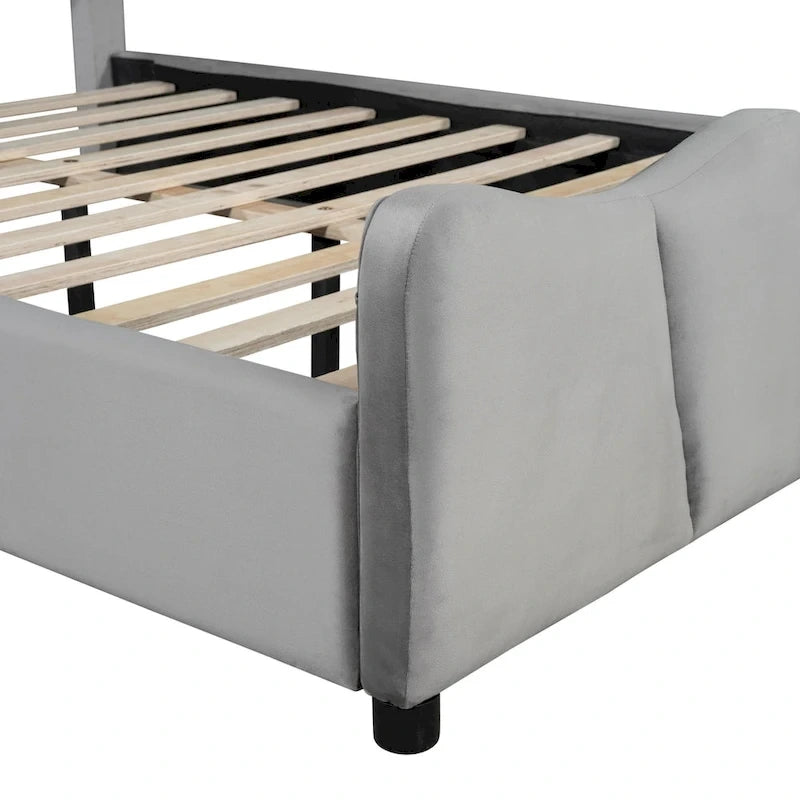 Beige/Grey Velvet Upholstered Platform Bed, Twin/Full, for 1