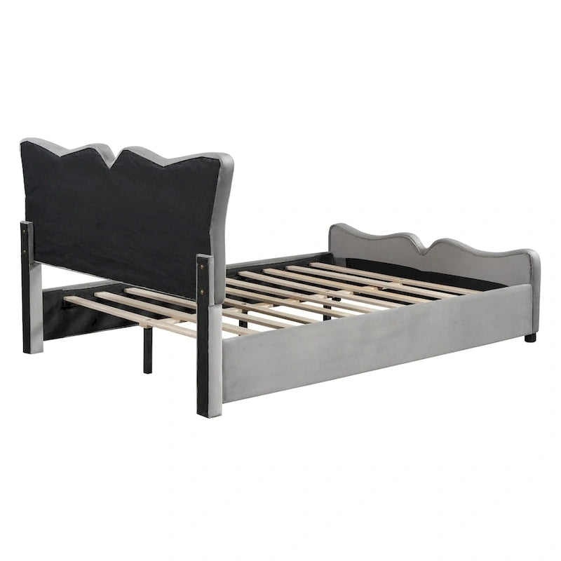 Beige/Grey Velvet Upholstered Platform Bed, Twin/Full, for 1