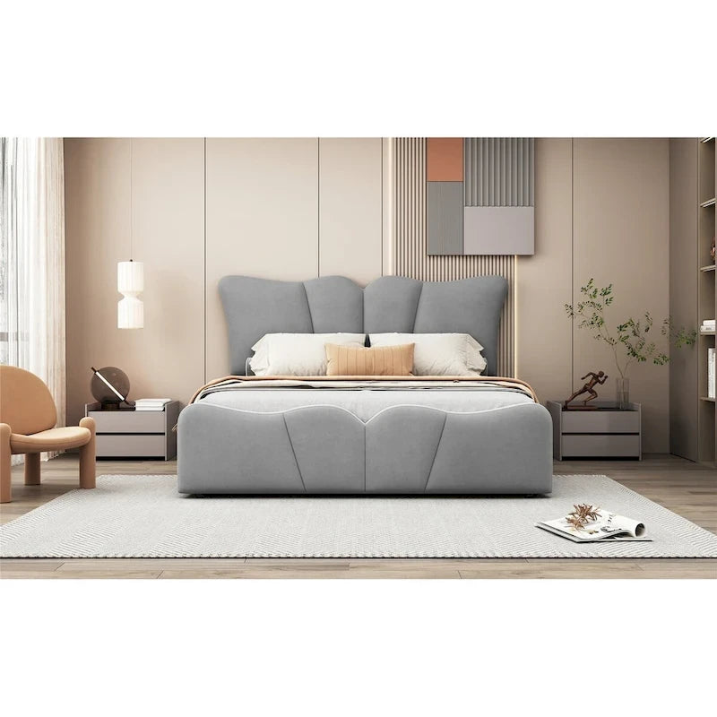 Beige/Grey Velvet Upholstered Platform Bed, Twin/Full, for 1