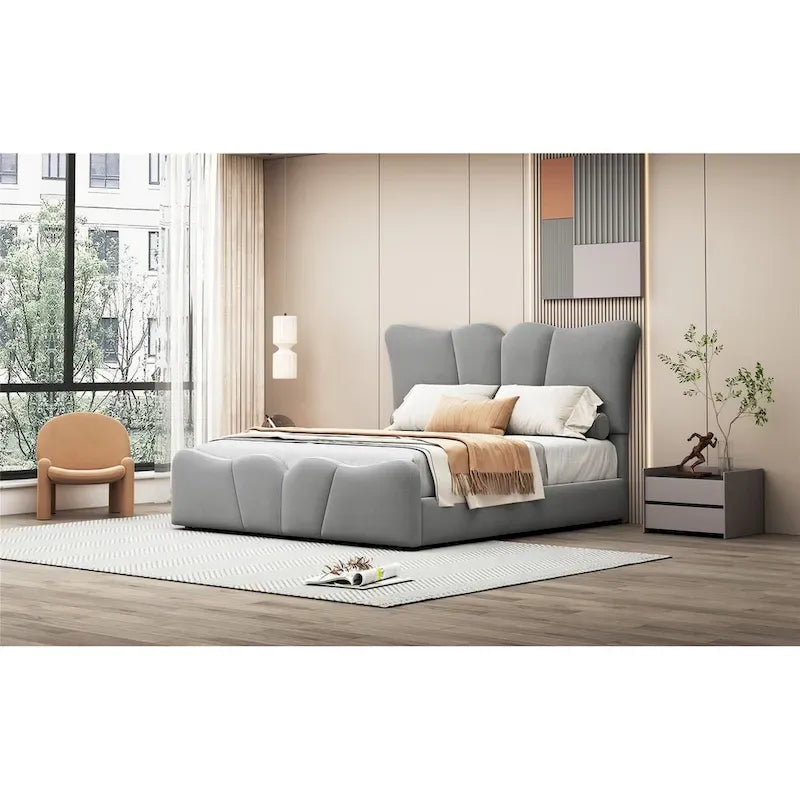 Beige/Grey Velvet Upholstered Platform Bed, Twin/Full, for 1