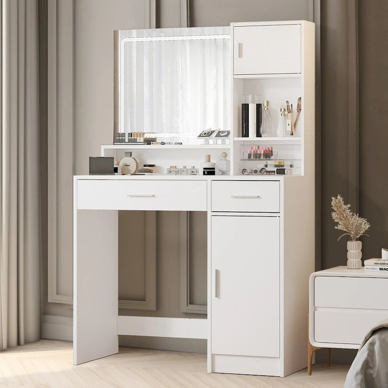 White / Black Vanity Desk with LED Mirror & Storage, 1-Person Makeup Table