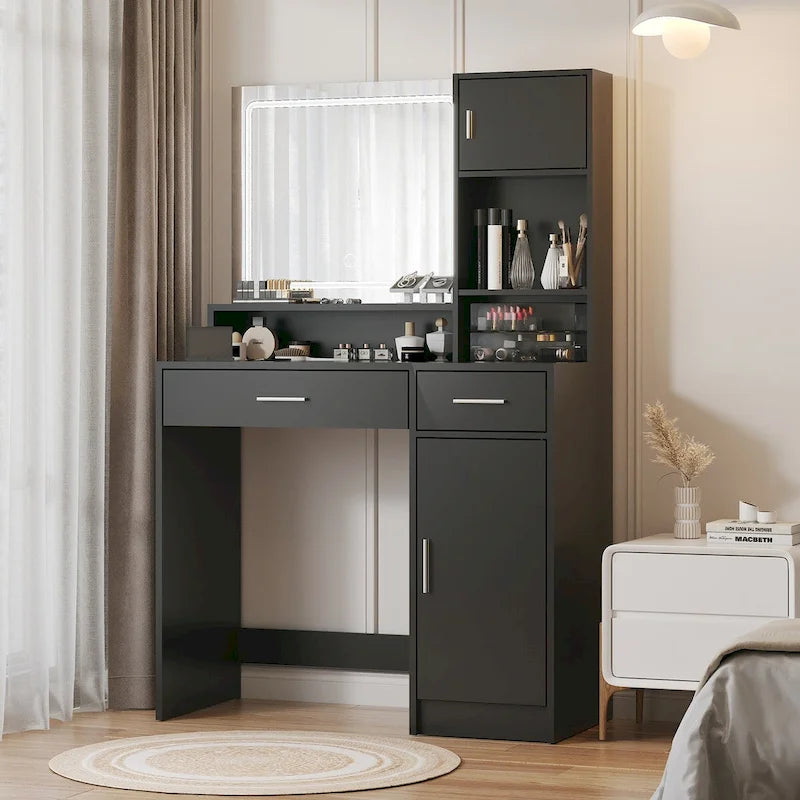 White / Black Vanity Desk with LED Mirror & Storage, 1-Person Makeup Table