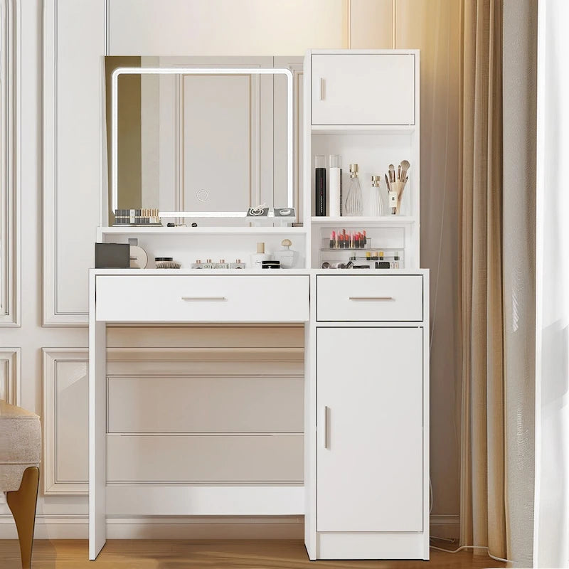 White / Black Vanity Desk with LED Mirror & Storage, 1-Person Makeup Table