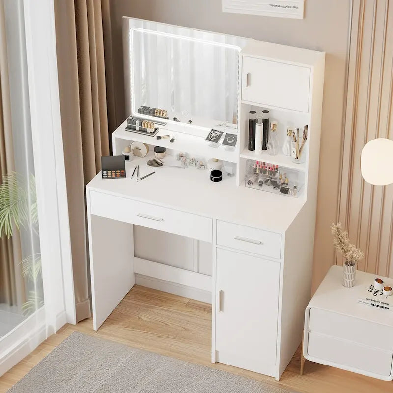 White / Black Vanity Desk with LED Mirror & Storage, 1-Person Makeup Table