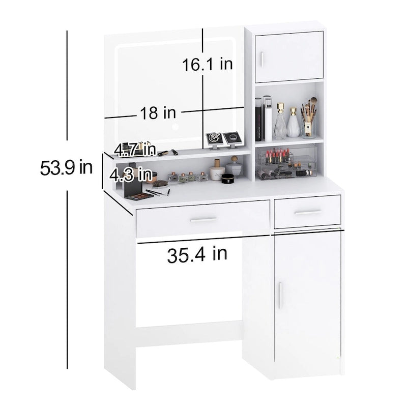 White / Black Vanity Desk with LED Mirror & Storage, 1-Person Makeup Table