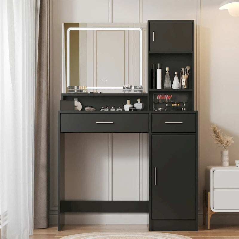 White / Black Vanity Desk with LED Mirror & Storage, 1-Person Makeup Table