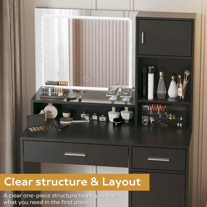 White / Black Vanity Desk with LED Mirror & Storage, 1-Person Makeup Table