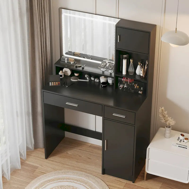 White / Black Vanity Desk with LED Mirror & Storage, 1-Person Makeup Table