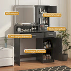 White / Black Vanity Desk with LED Mirror & Storage, 1-Person Makeup Table