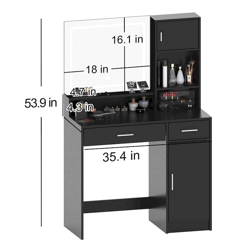 White / Black Vanity Desk with LED Mirror & Storage, 1-Person Makeup Table